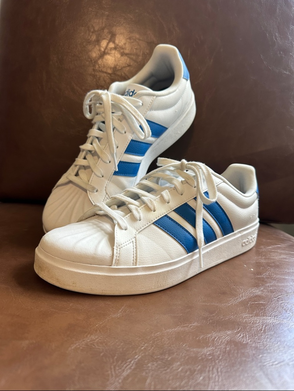 adidas White Sneakers with Blue Three-Stripes